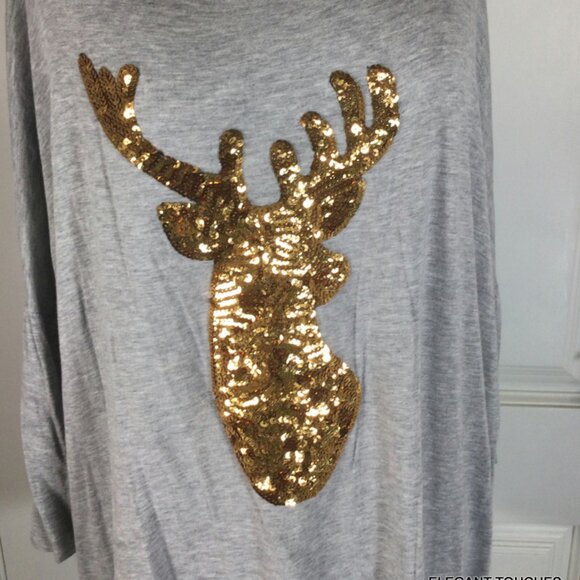 Acting Pro Gray Gold Sequins Deer Shirt XL Holiday Christmas Blingy Boutique Top - Picture 1 of 11